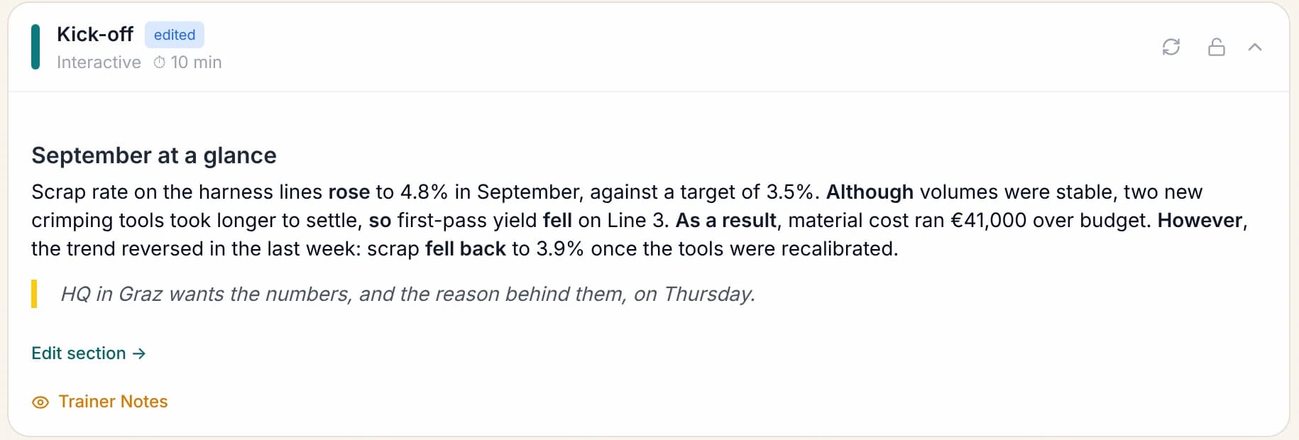 A lesson's opening section, reworked by the teacher for one learner: September's scrap-rate figures from his own plant, and what head office will ask him