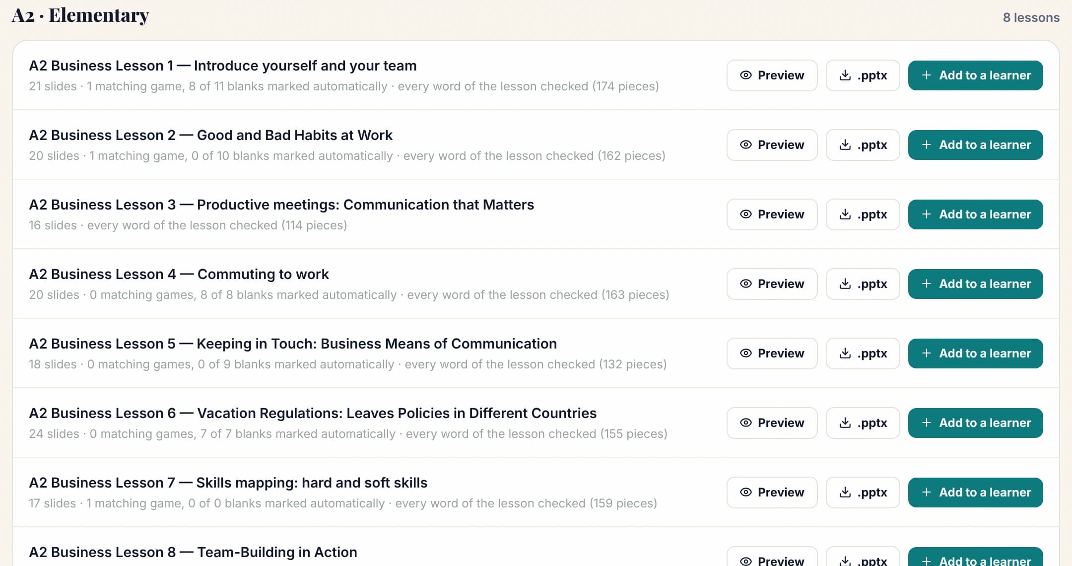 The lesson library in Talksmiths OS: business English lessons by CEFR level, each ready to add to a learner's programme