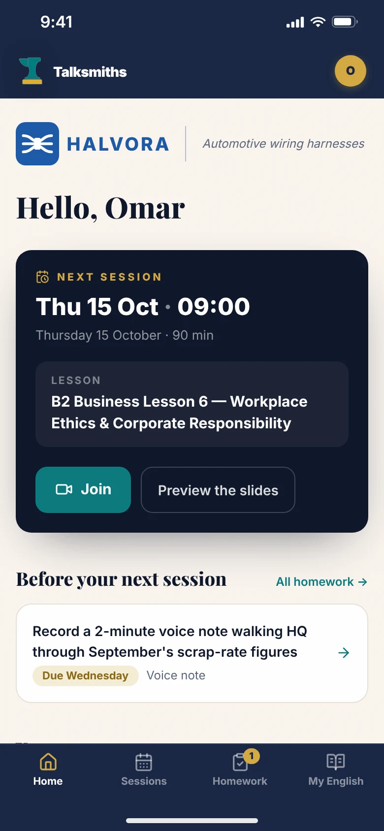 The learner's home screen: next session with a Join button, homework due and their progress