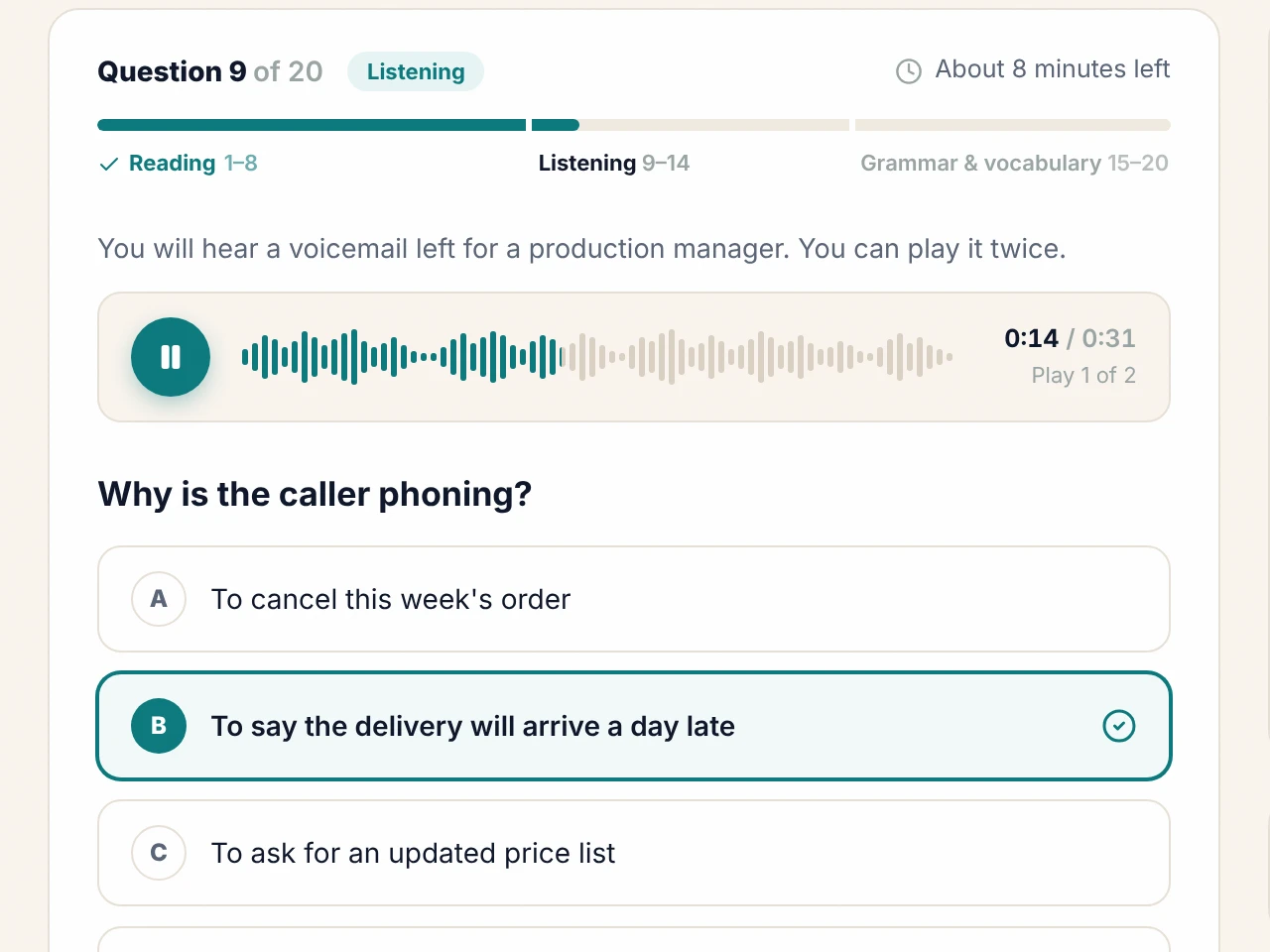 A placement test question in Talksmiths OS: a voicemail to listen to and four answers to choose from